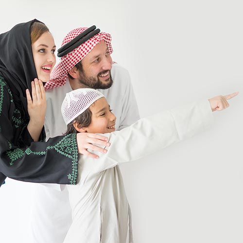 Arabic family pointing at copy space